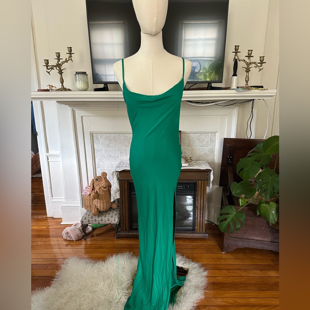 Meshki Jade Green Cowl Neck High Slit Backless Sexy Maxi Slip Dress XS